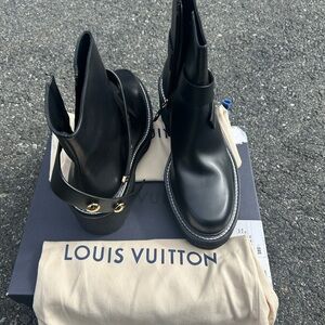 Louis Vuitton Black Leather Boots with Gold Accents